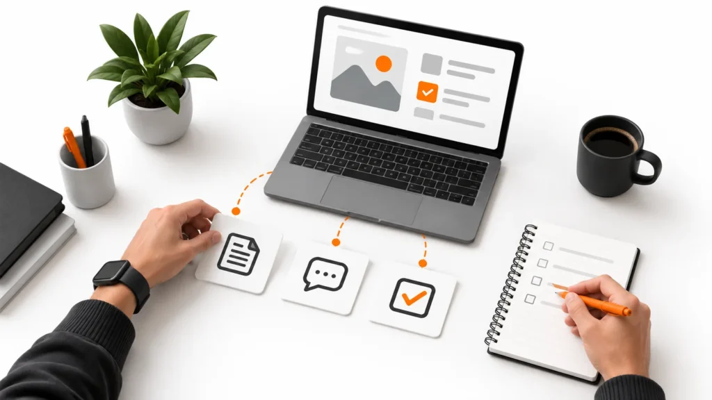 Mãos organizam cartões de conteúdo, conversa e checklist ao lado de um notebook e de um caderno.