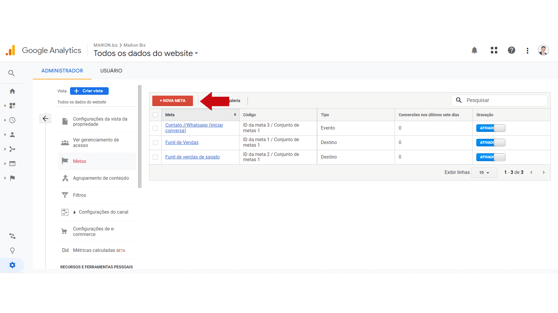 Tela que mostra o início da configuração do funil de vendas no Google Analytics. Definição de nome