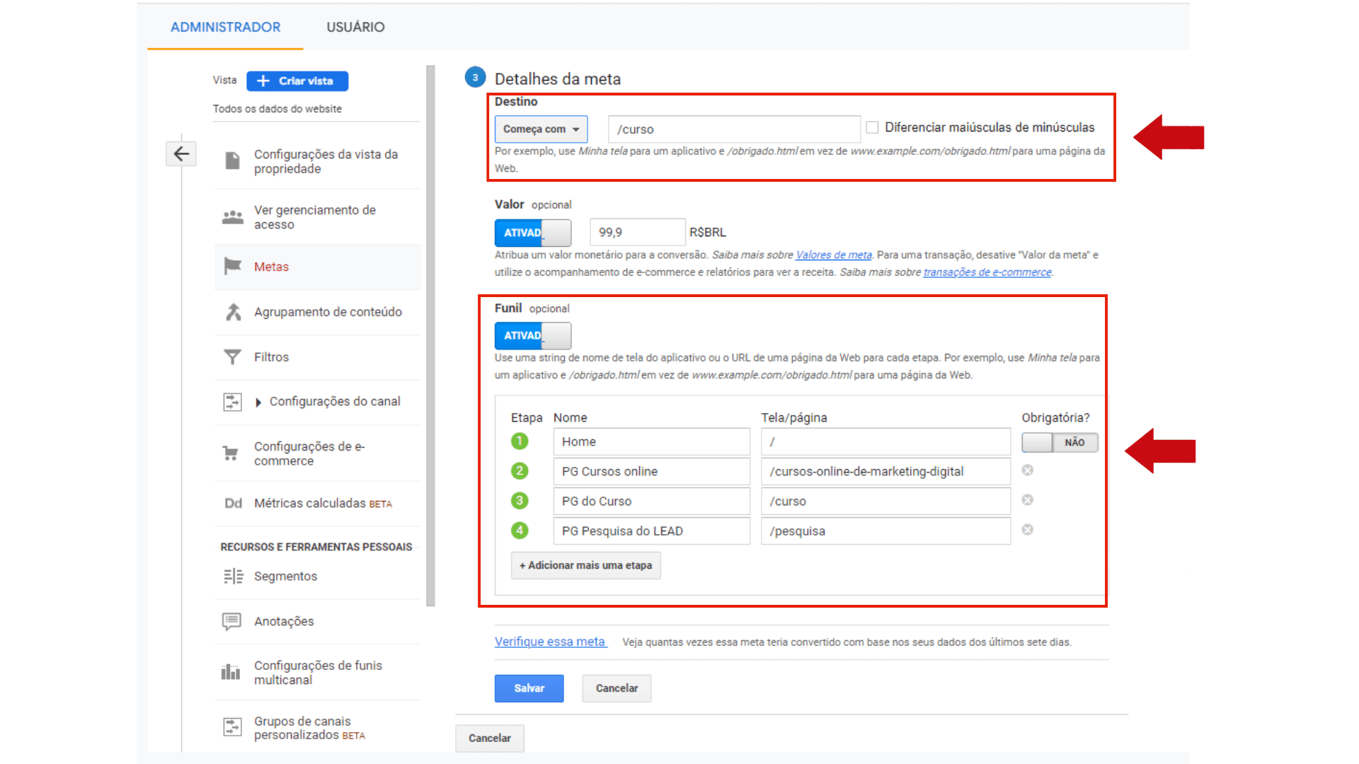 Estrutura de como deve ser montada a jornada de compra do Funil de Vendas no Google Analytics personalizado.