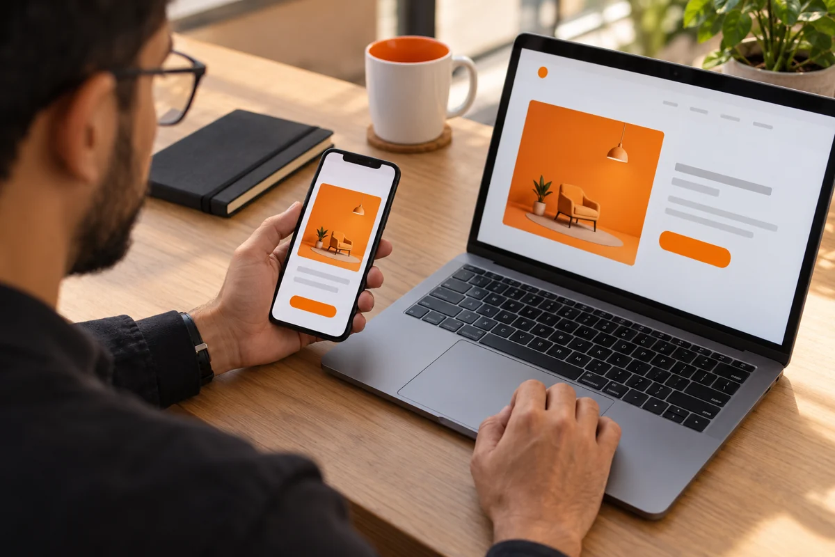 Pessoa compara no celular e no notebook a mesma oferta ilustrada por uma poltrona laranja.