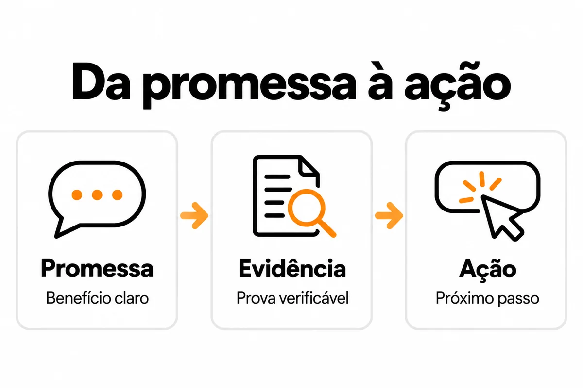 Três etapas da mensagem publicitária: promessa com benefício claro, evidência verificável e próximo passo.