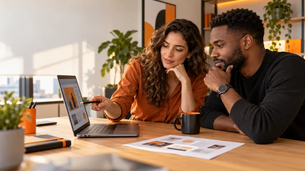 Duas pessoas revisam a mensagem de um anúncio no notebook, com planejamento sobre a mesa.