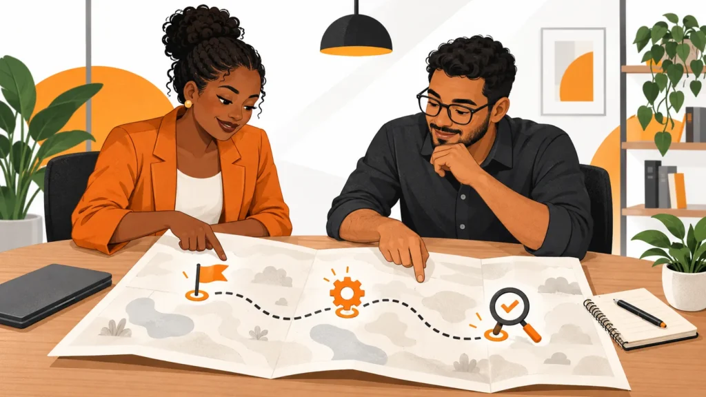 Consultora e empreendedor revisam um mapa sobre a mesa com caminho entre bandeira, engrenagem e lupa com marca de verificação