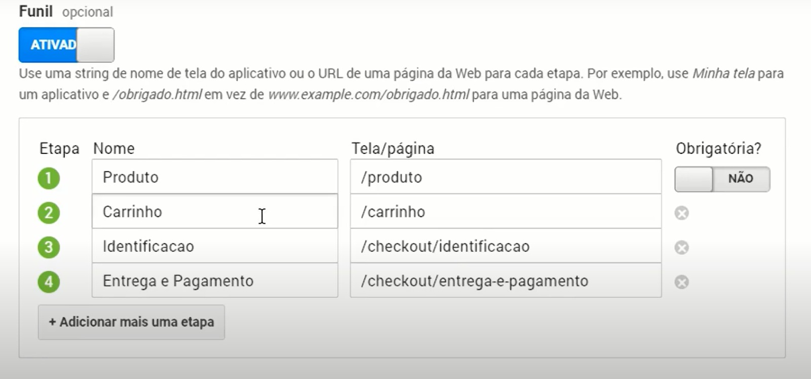 Estrutura de como deve ser montada a jornada de compra do Funil de Vendas no Google Analytics 