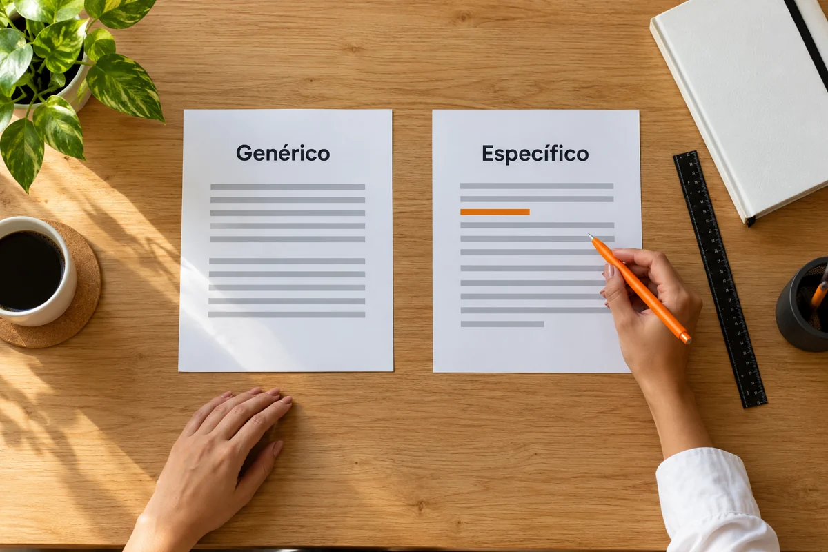 Duas folhas identificadas como Genérico e Específico sobre uma mesa, com caneta apontada para a segunda.