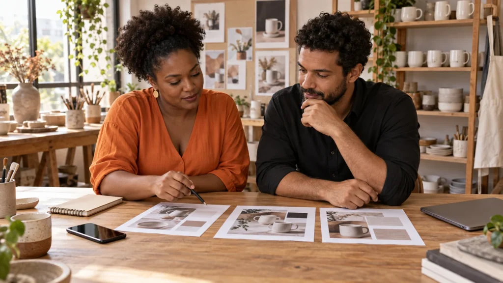 Duas pessoas planejam conteúdo para uma marca fictícia de cerâmica, com layouts impressos e canecas no ateliê.