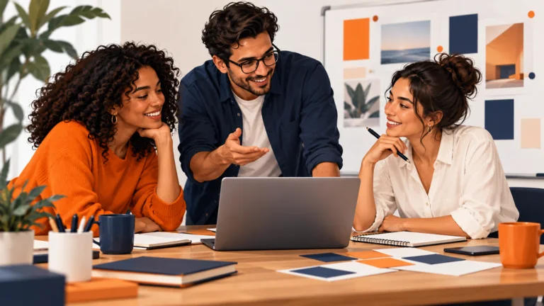 Três pessoas reunidas diante de um notebook, com fichas laranja e grafite sobre a mesa