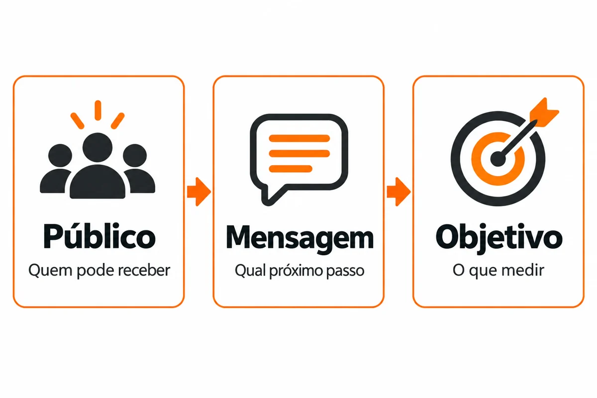 Infográfico com público: quem pode receber; mensagem: qual próximo passo; objetivo: o que medir.