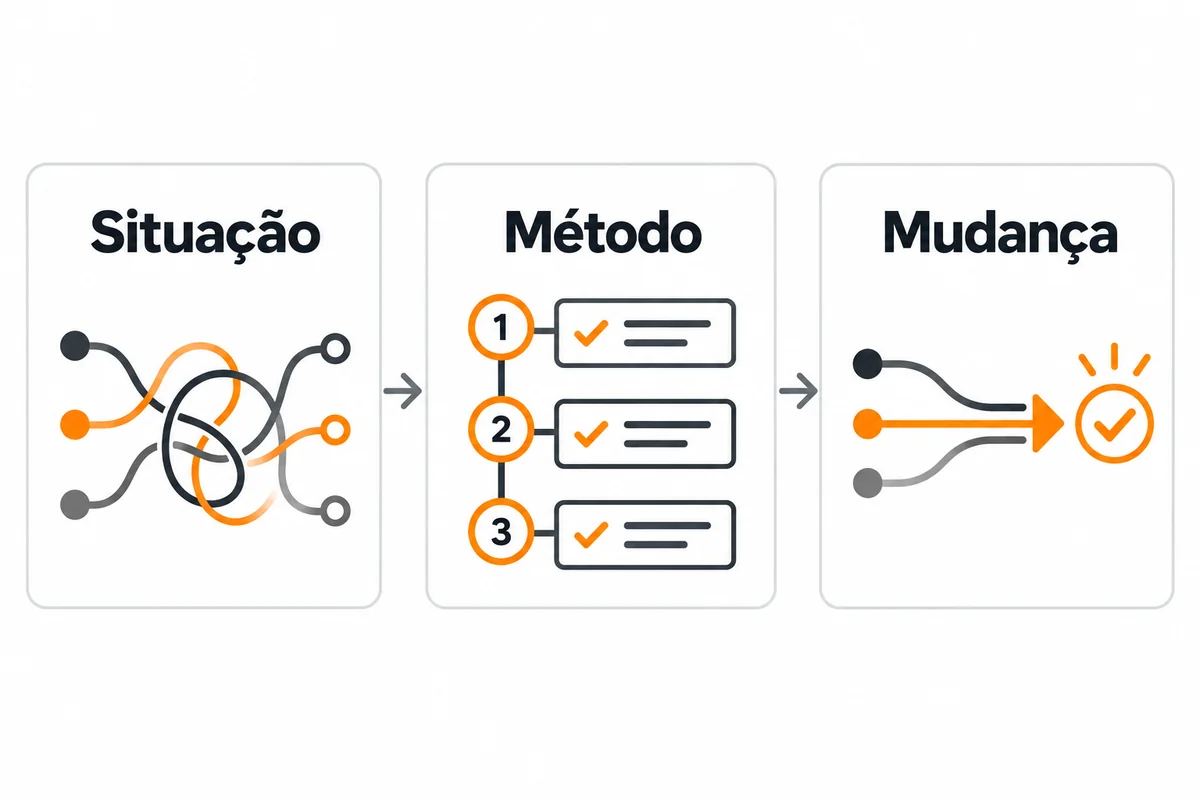 Três cartões conectados mostram situação, método e mudança com caminhos e etapas organizadas.