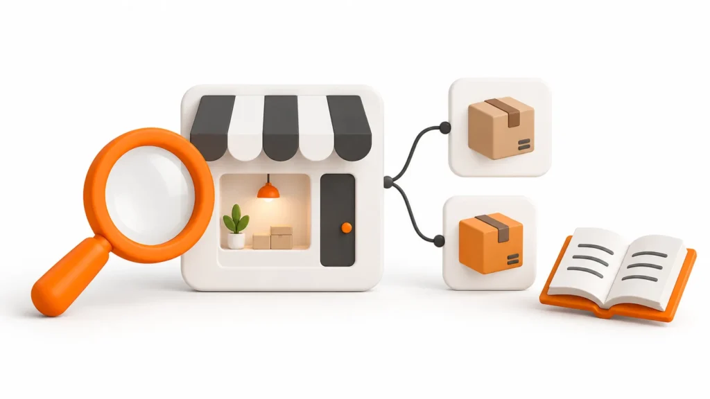 Lupa laranja diante de uma loja conectada a duas fichas de produtos, ao lado de um livro aberto
