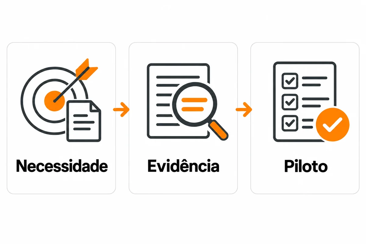 Três cartões conectados mostram necessidade, evidência e piloto na decisão de contratar conteúdo.