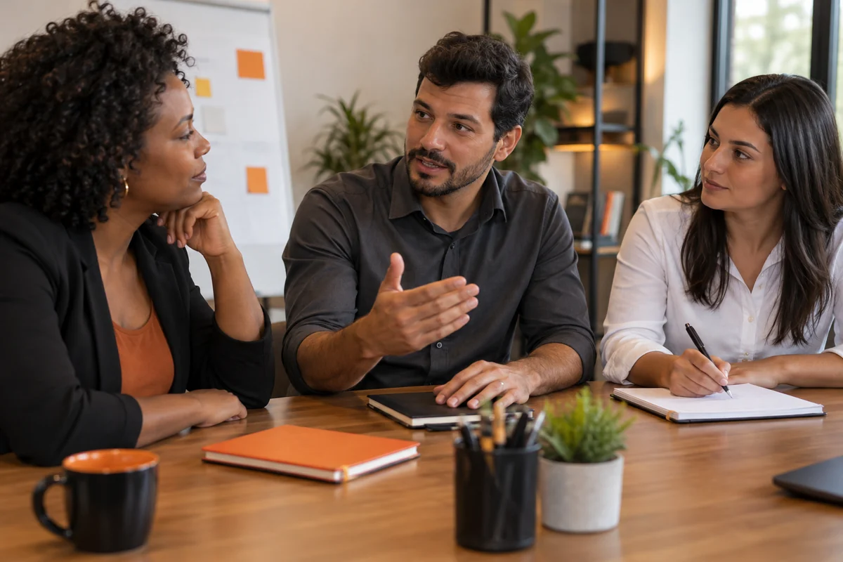 Três profissionais participam de uma prática de conversa comercial, com observação e anotações.