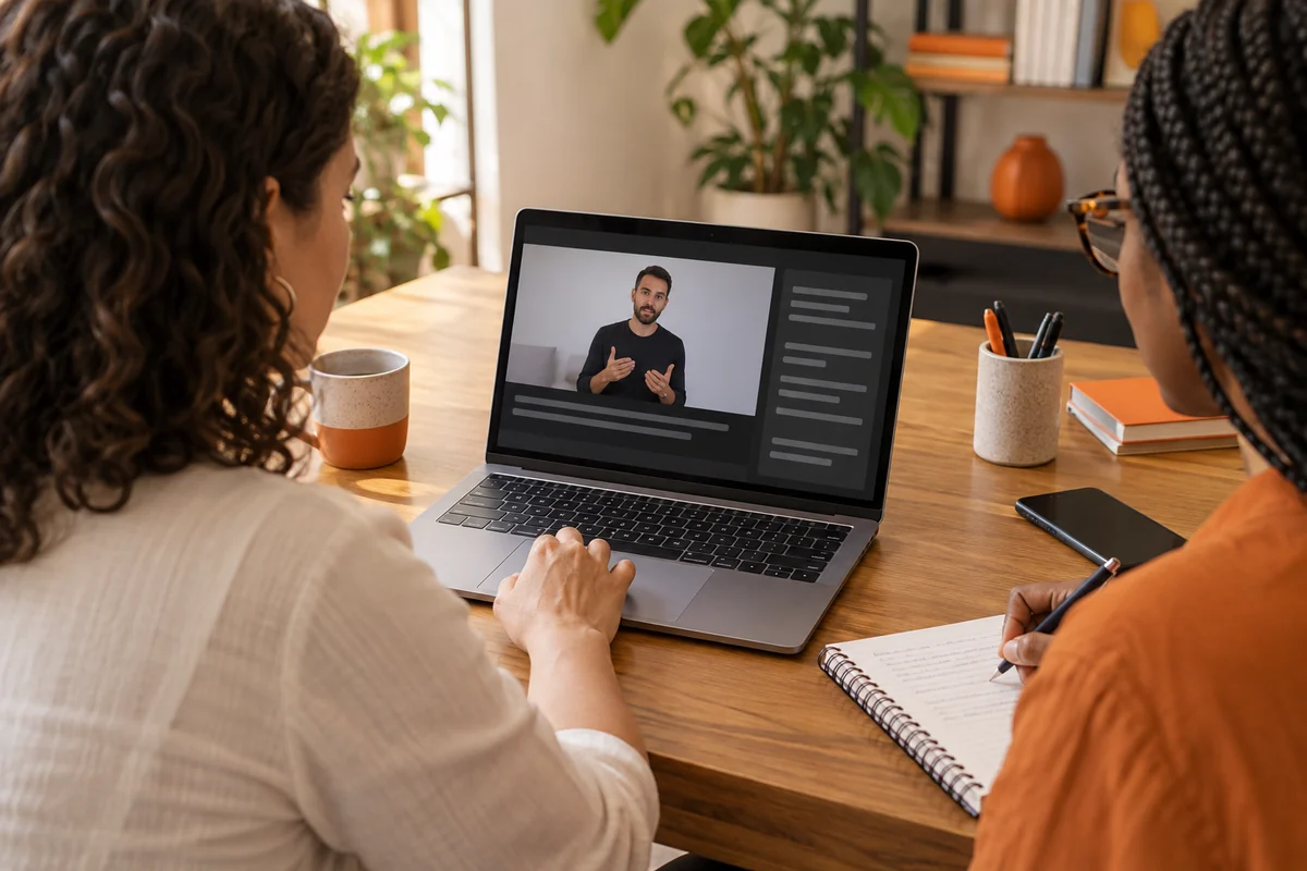 Duas profissionais revisam uma videoaula no notebook com faixas que representam legendas e transcrição em uma interface ilustrativa.
