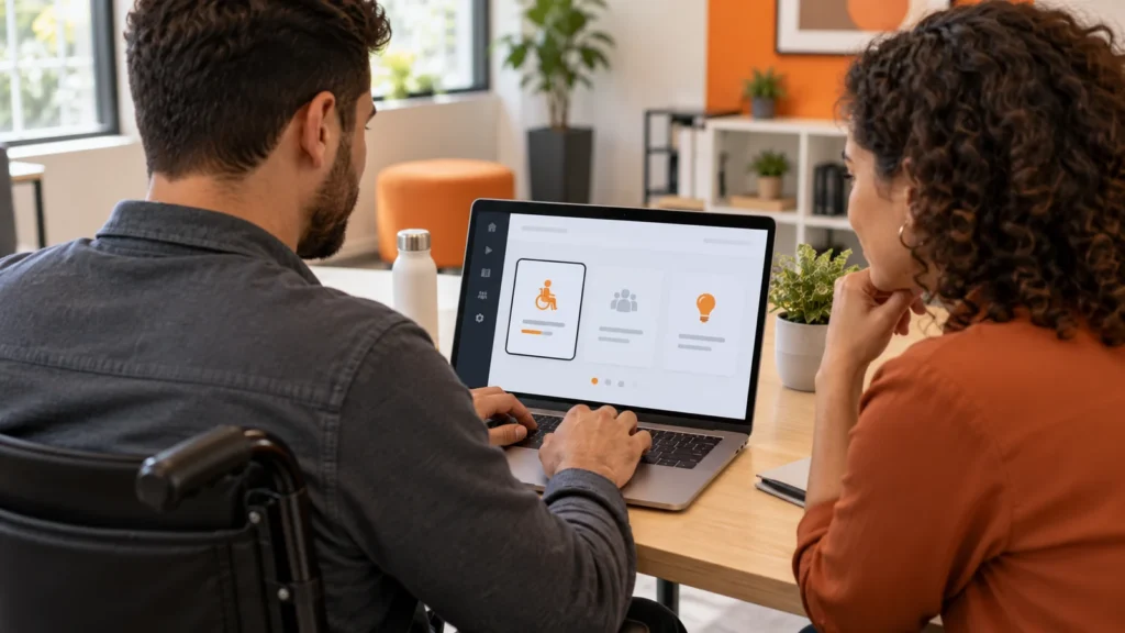 Profissional usa o teclado do notebook enquanto uma colega observa o percurso em uma interface genérica de cursos.