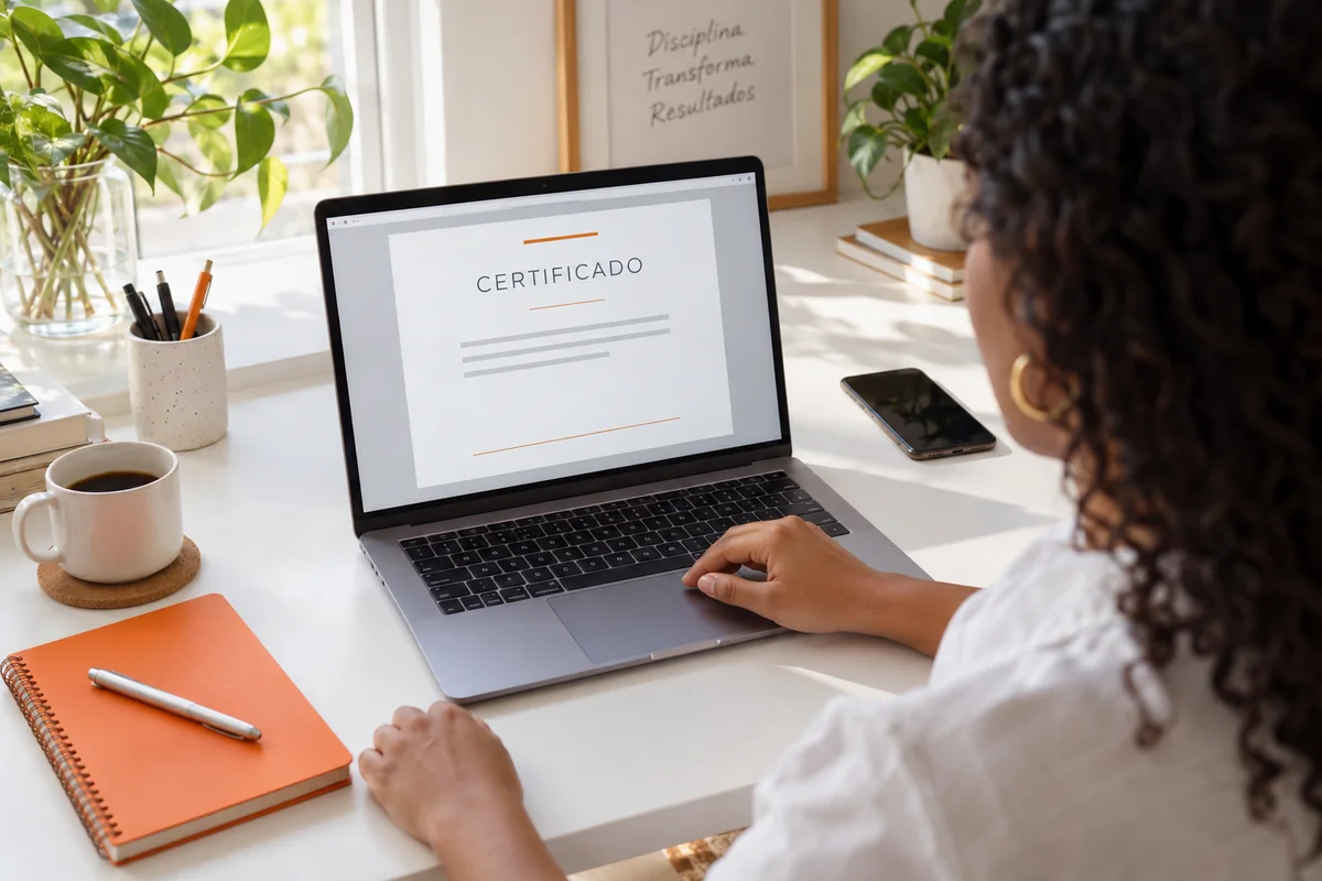 Aluna consulta um modelo de certificado digital na tela do notebook.