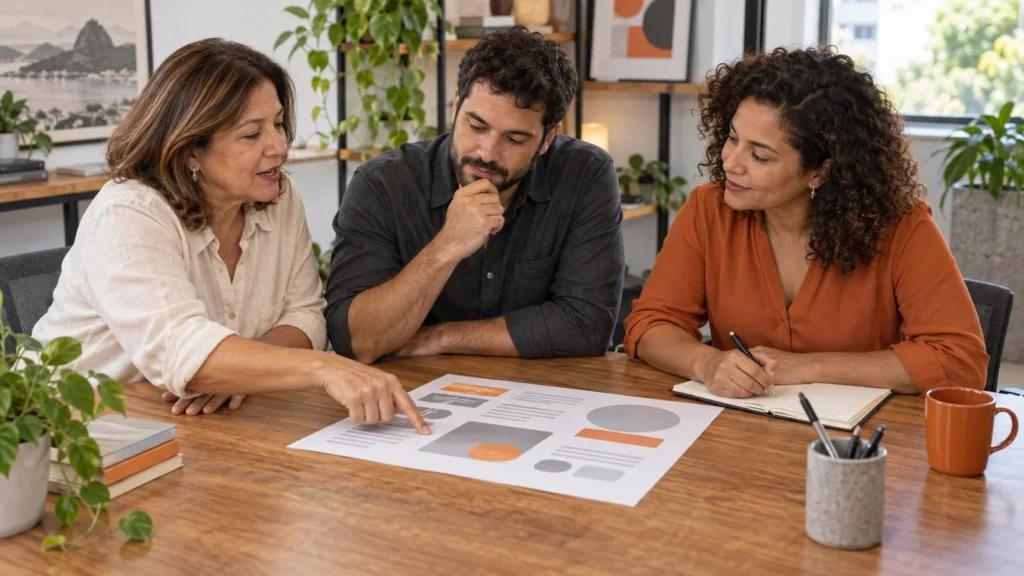 Três adultos discutem uma referência apoiada sobre a mesa enquanto uma facilitadora registra observações em um caderno.
