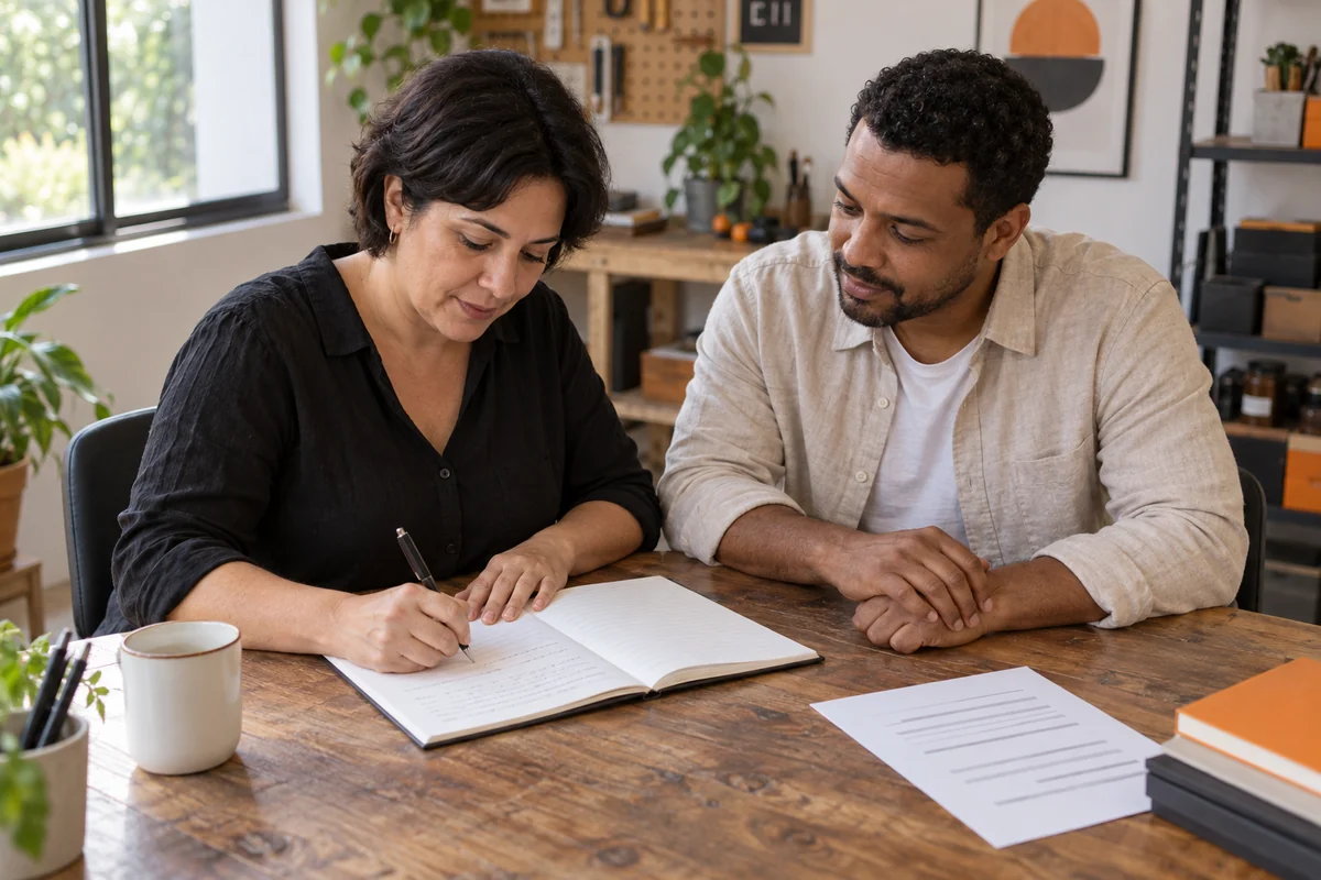 Participante escreve uma nova versão em um caderno sobre a mesa enquanto um facilitador acompanha a revisão.