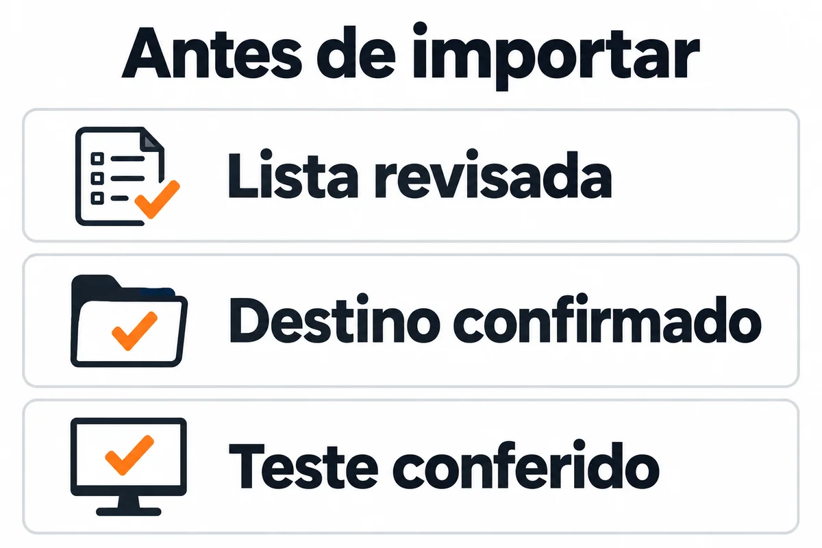 Checklist antes da importação: lista revisada, destino confirmado e teste conferido.