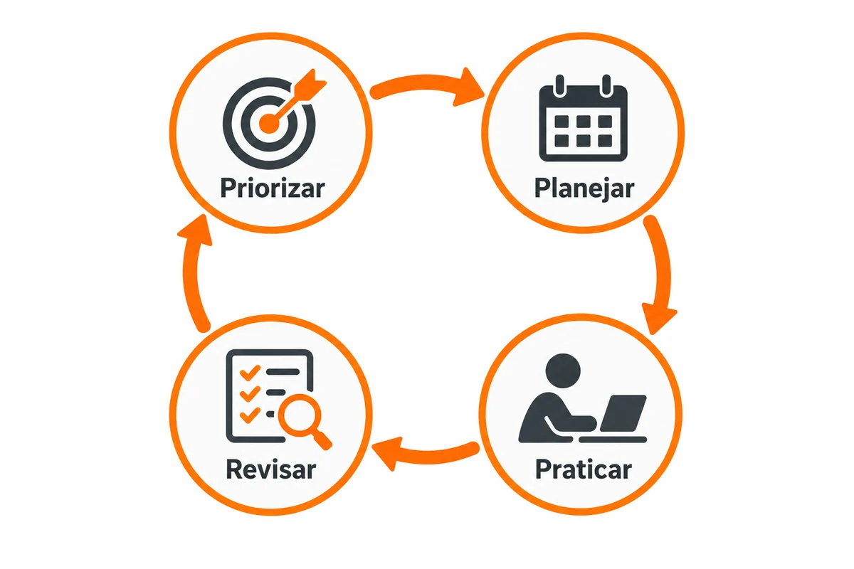 Percurso de organização da aprendizagem com quatro etapas: priorizar, planejar, praticar e revisar, retornando à priorização.