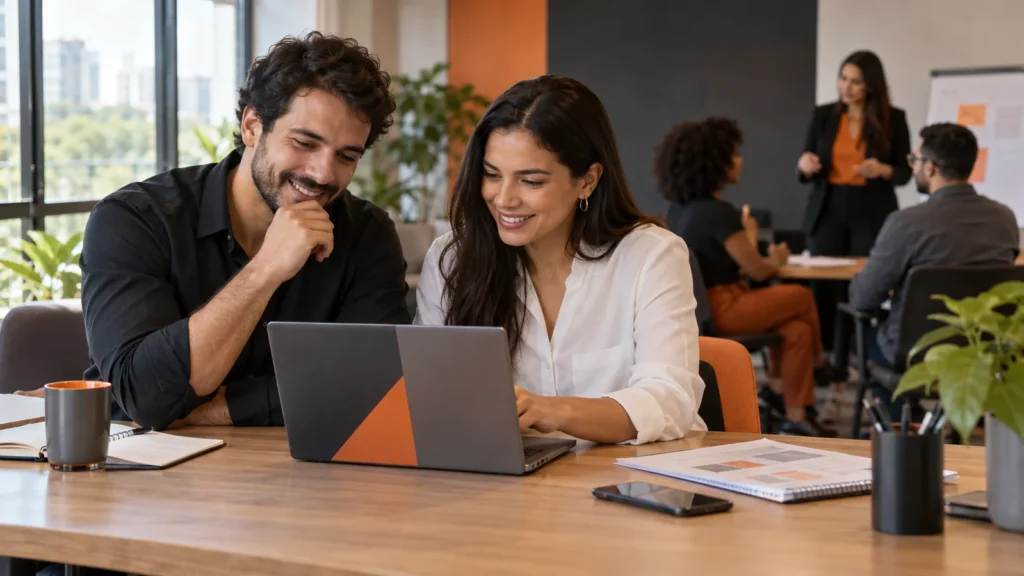 Dois colegas consultam um notebook enquanto outra equipe participa de uma oficina ao fundo.
