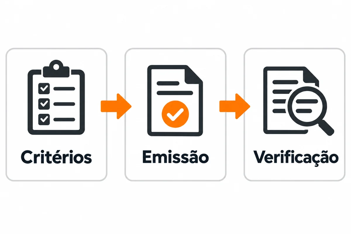 Três etapas ligadas por setas: critérios, emissão e verificação do certificado.