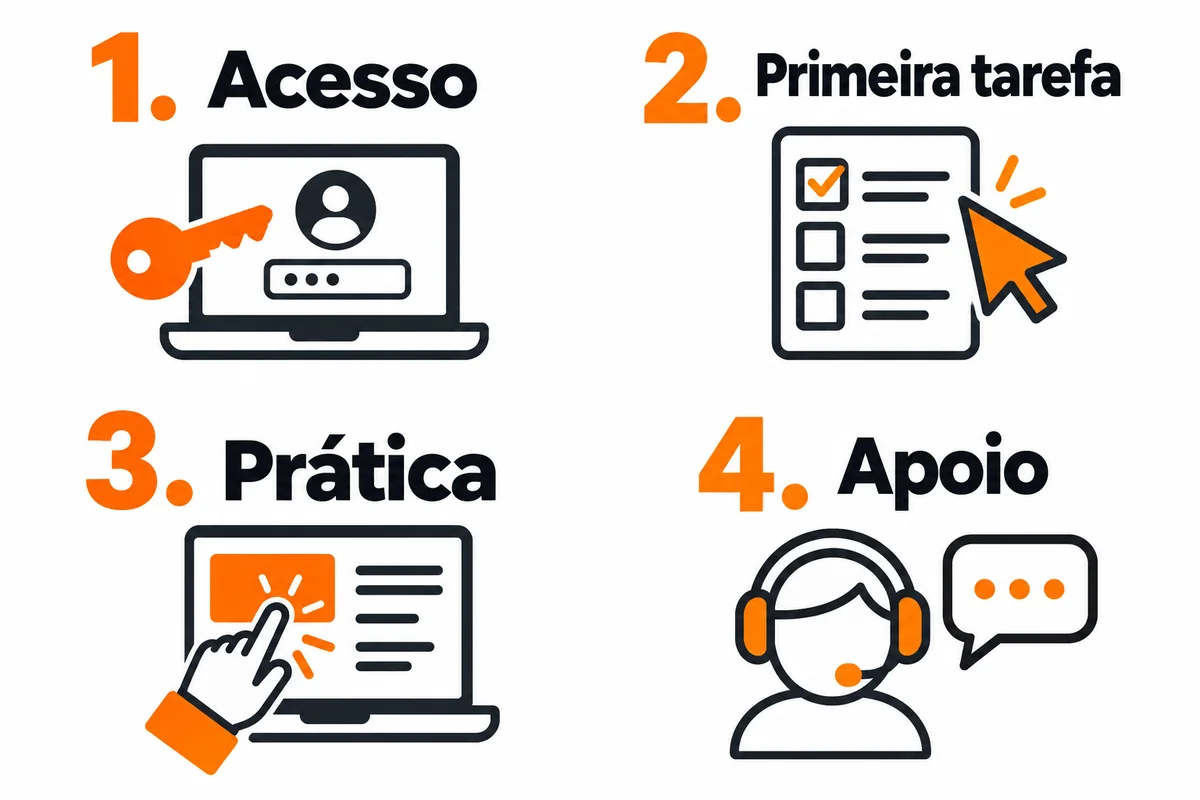 Quatro partes propostas para capacitar clientes: acesso, primeira tarefa, prática e apoio.