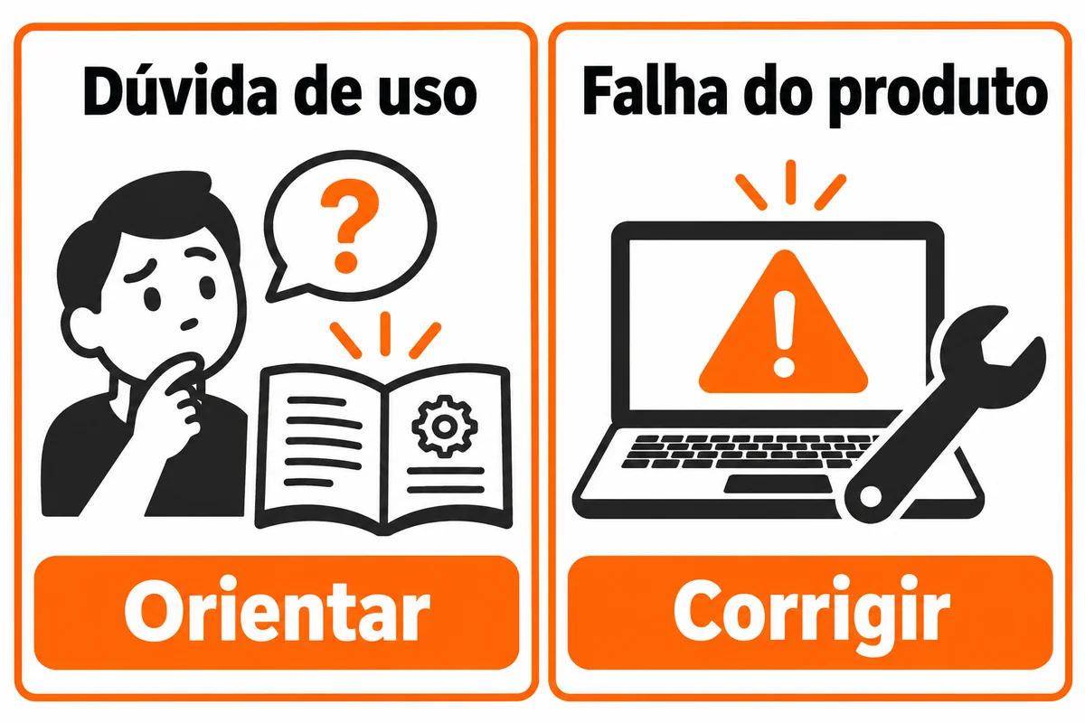 Comparação entre dúvida de uso, que exige orientação, e falha do produto, que exige investigação e correção.