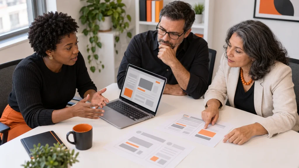 Três profissionais conversam sobre uma interface, com notebook e esquemas impressos voltados para cima sobre a mesa.