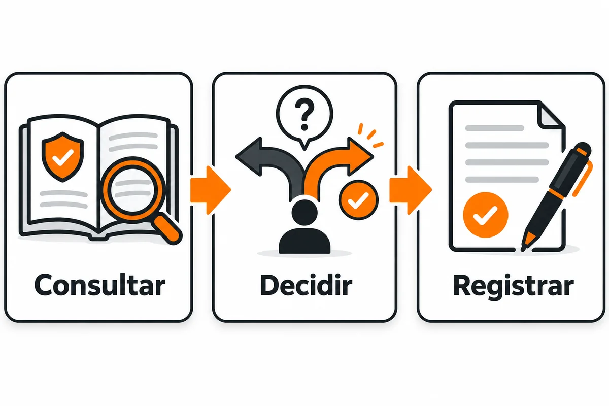 Rotina didática de compliance em três etapas: consultar orientações, decidir com os responsáveis e registrar.