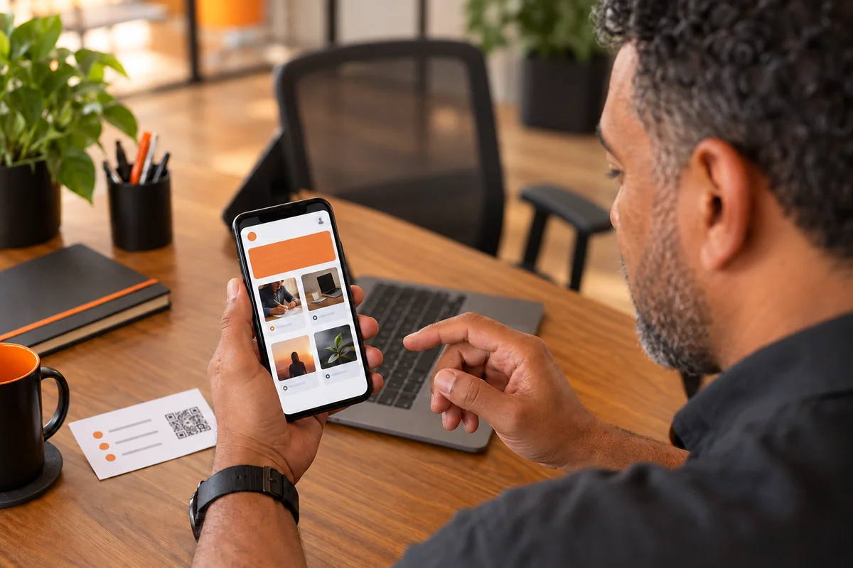 Profissional confere um portal ilustrativo de cursos no smartphone com a tela voltada para si.