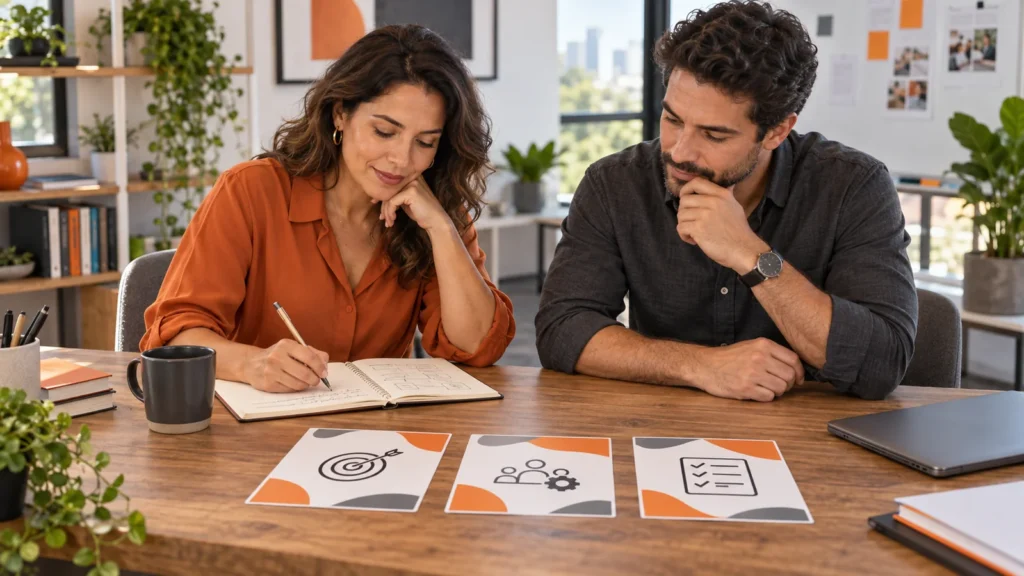 Dois profissionais planejam uma atividade com caderno e cartões de objetivo, prática e avaliação apoiados sobre a mesa.