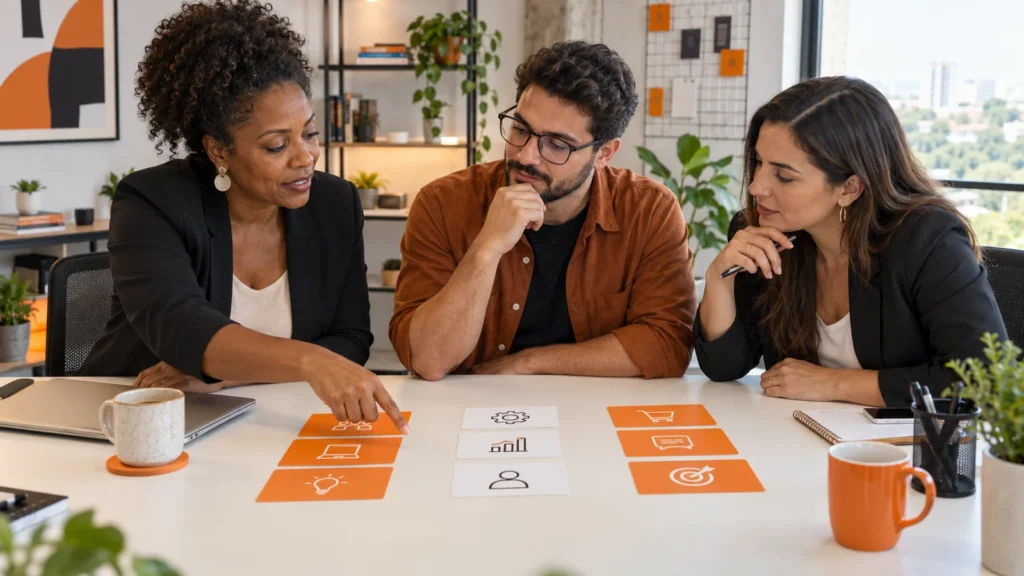 Três profissionais organizam cartões de aprendizagem sobre a mesa.