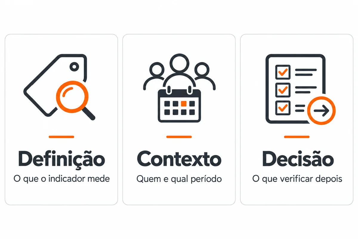 Três passos de leitura de indicadores: definição do que mede, contexto de público e período e decisão sobre a próxima verificação.