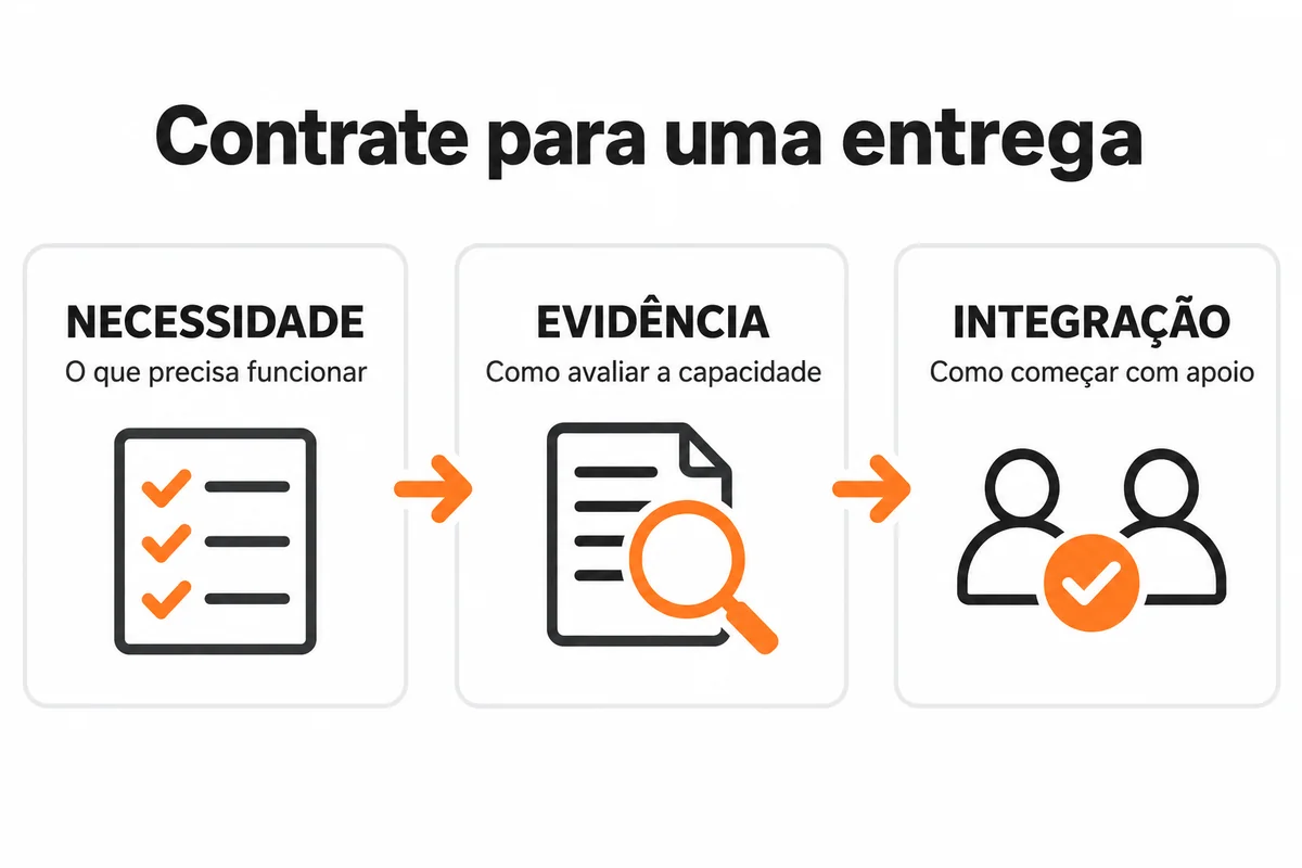 Três etapas conectadas: definir a necessidade, avaliar evidências e organizar a integração do profissional.