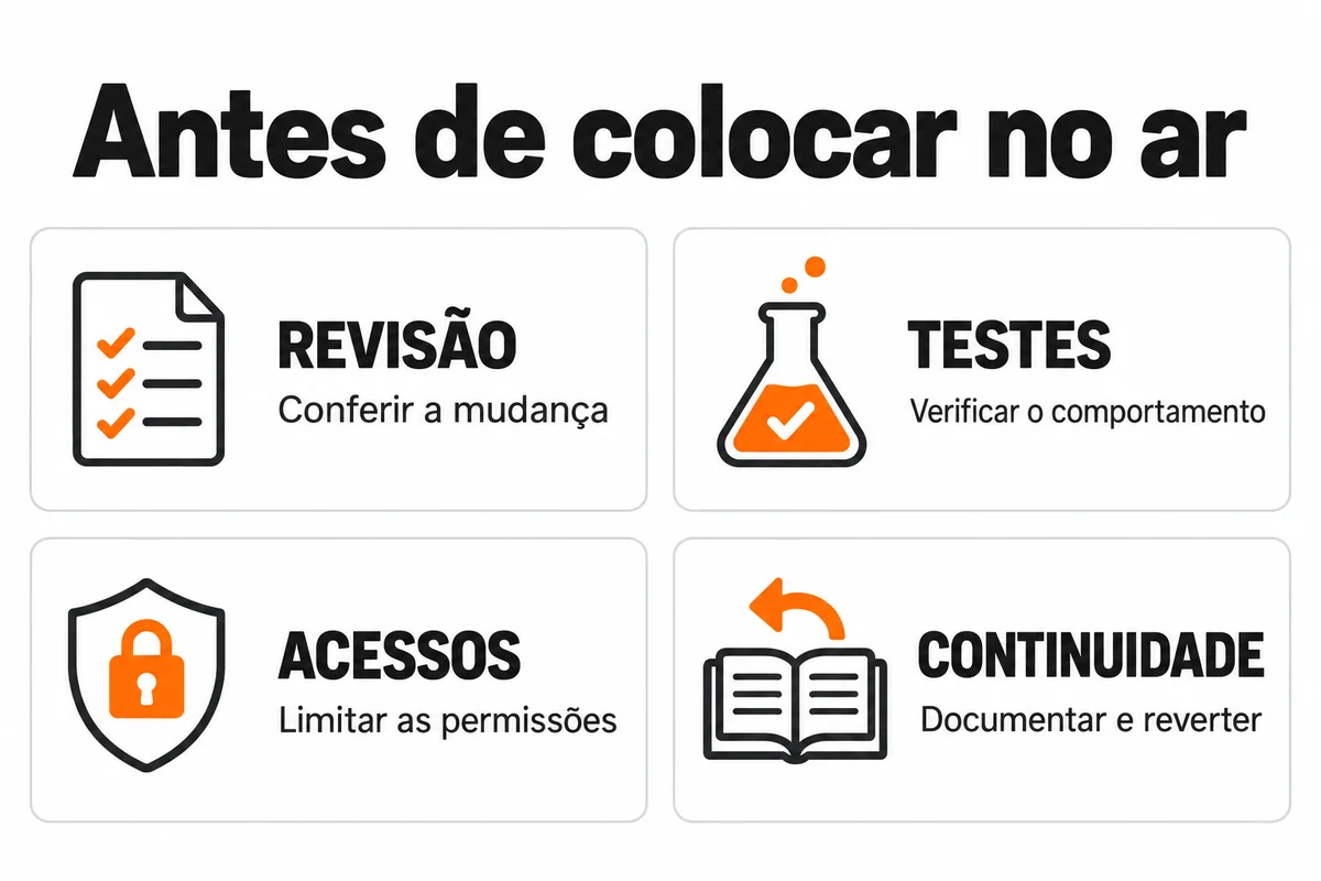 Quatro cuidados antes de colocar software no ar: revisão, testes, limitação de acessos e documentação para continuidade.