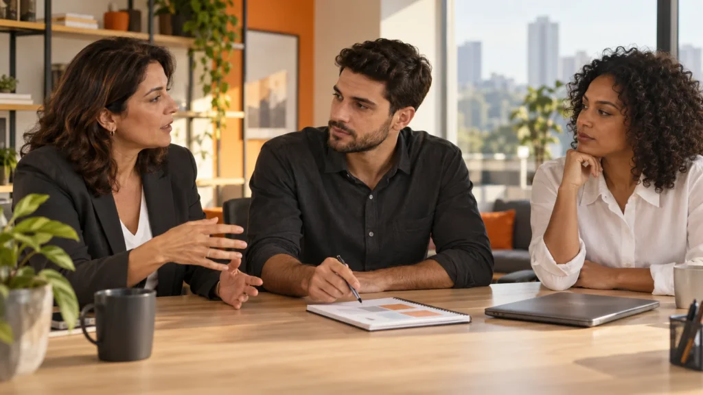 Gestora conversa com dois colegas enquanto um deles registra o plano em um caderno sobre a mesa.