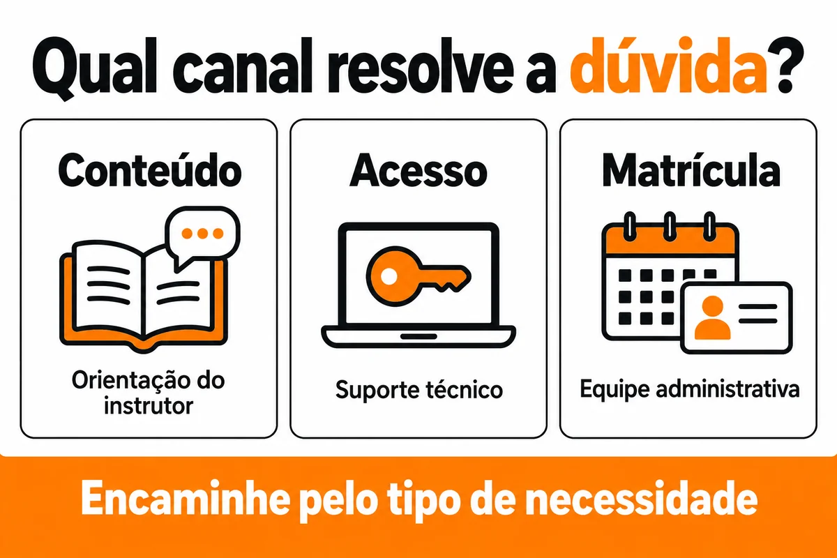 Dúvidas de conteúdo, acesso e matrícula são encaminhadas ao instrutor, suporte técnico e equipe administrativa.