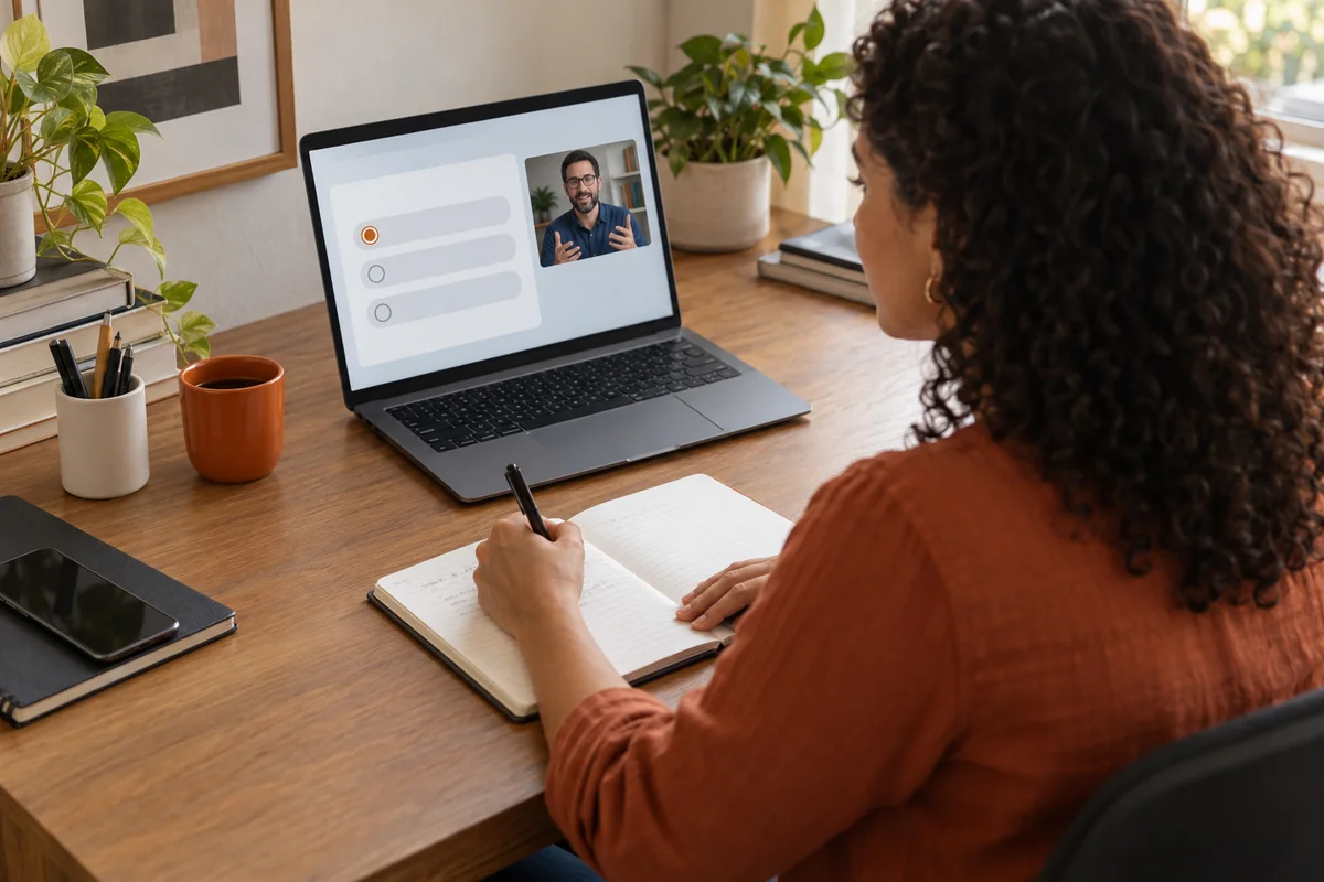 Participante escreve em um caderno apoiado na mesa enquanto acompanha uma atividade online no notebook.
