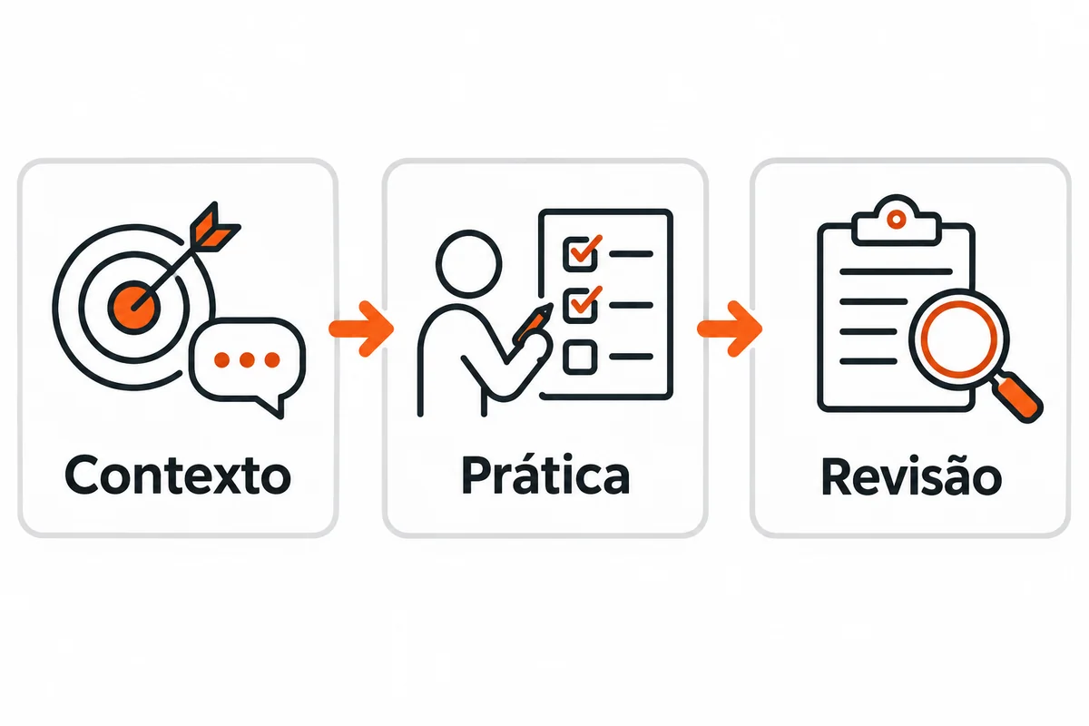 Três etapas conectadas por setas: contexto, prática e revisão.