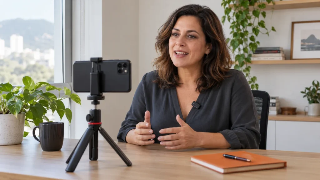 Instrutora grava uma explicação com celular horizontal em tripé e microfone preso à blusa.