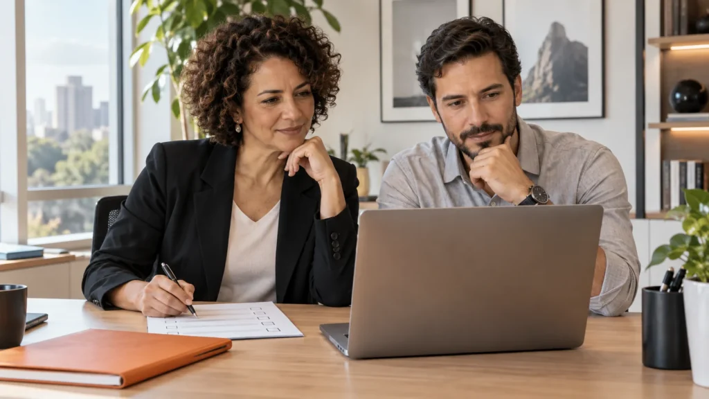 Duas pessoas analisam um notebook e uma lista de critérios apoiada sobre a mesa.