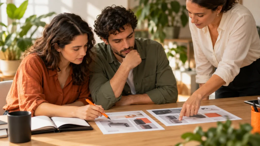 Duas pessoas comparam fichas de divulgação apoiadas sobre a mesa enquanto uma facilitadora indica um ponto de revisão.