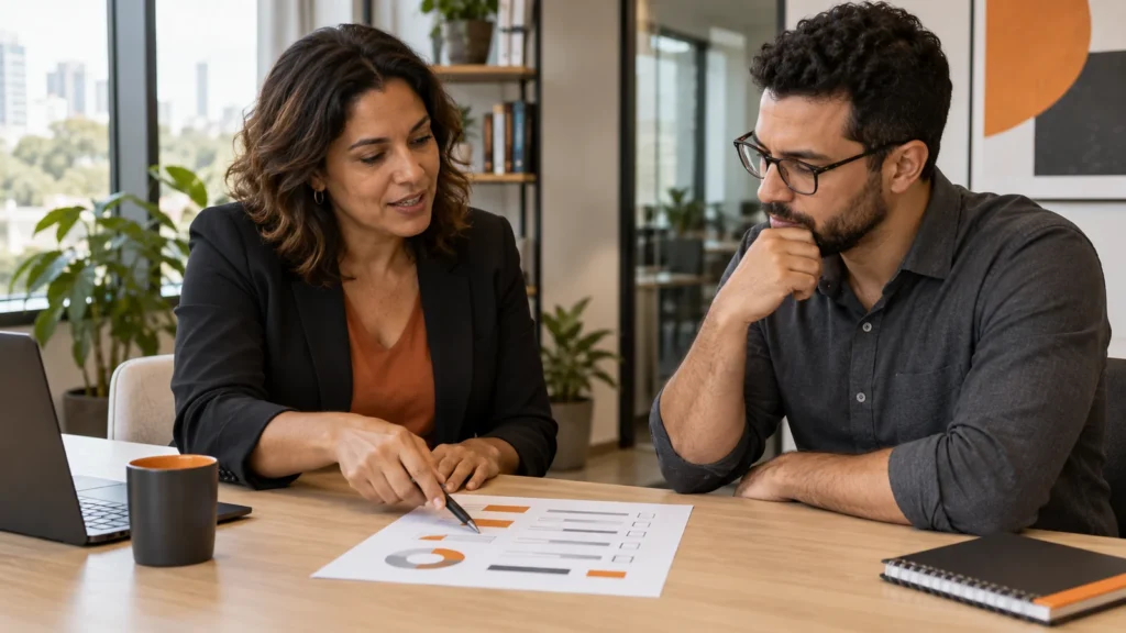 Facilitadora aponta um item em uma folha sobre a mesa enquanto o participante acompanha a revisão.