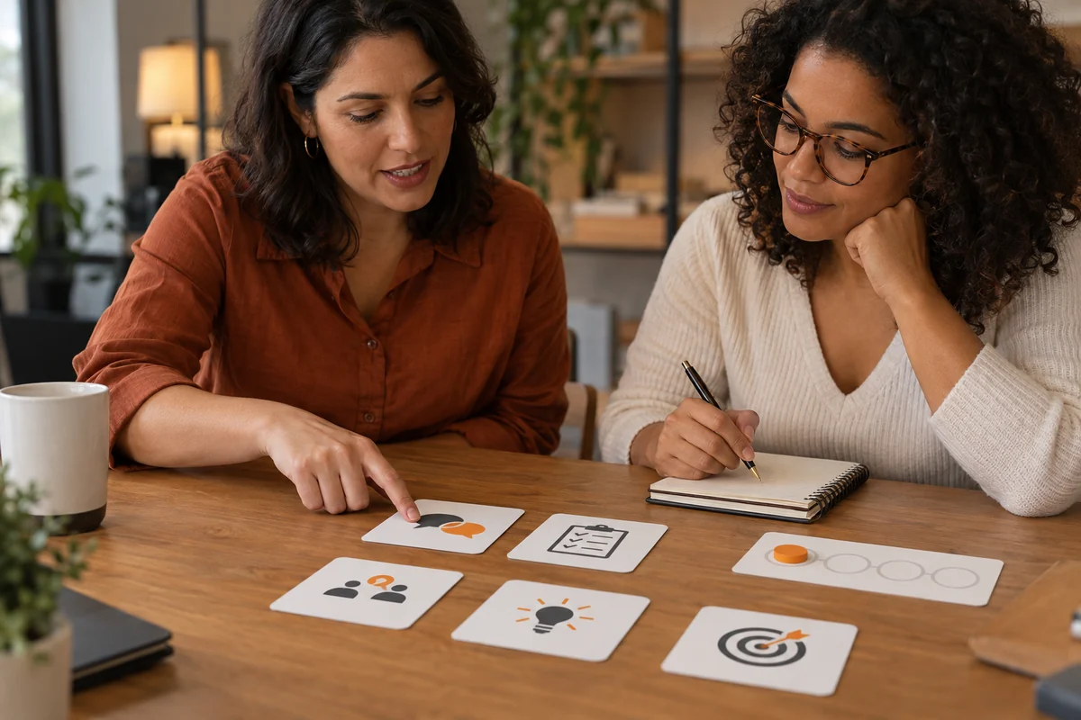 Duas colegas revisam cartões de uma atividade apoiados sobre a mesa, com um marcador de percurso e um caderno de anotações.