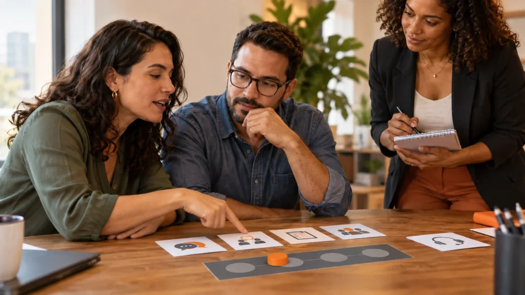 Participante aponta para um cartão de conversa apoiado na mesa enquanto um colega e uma facilitadora acompanham a atividade.