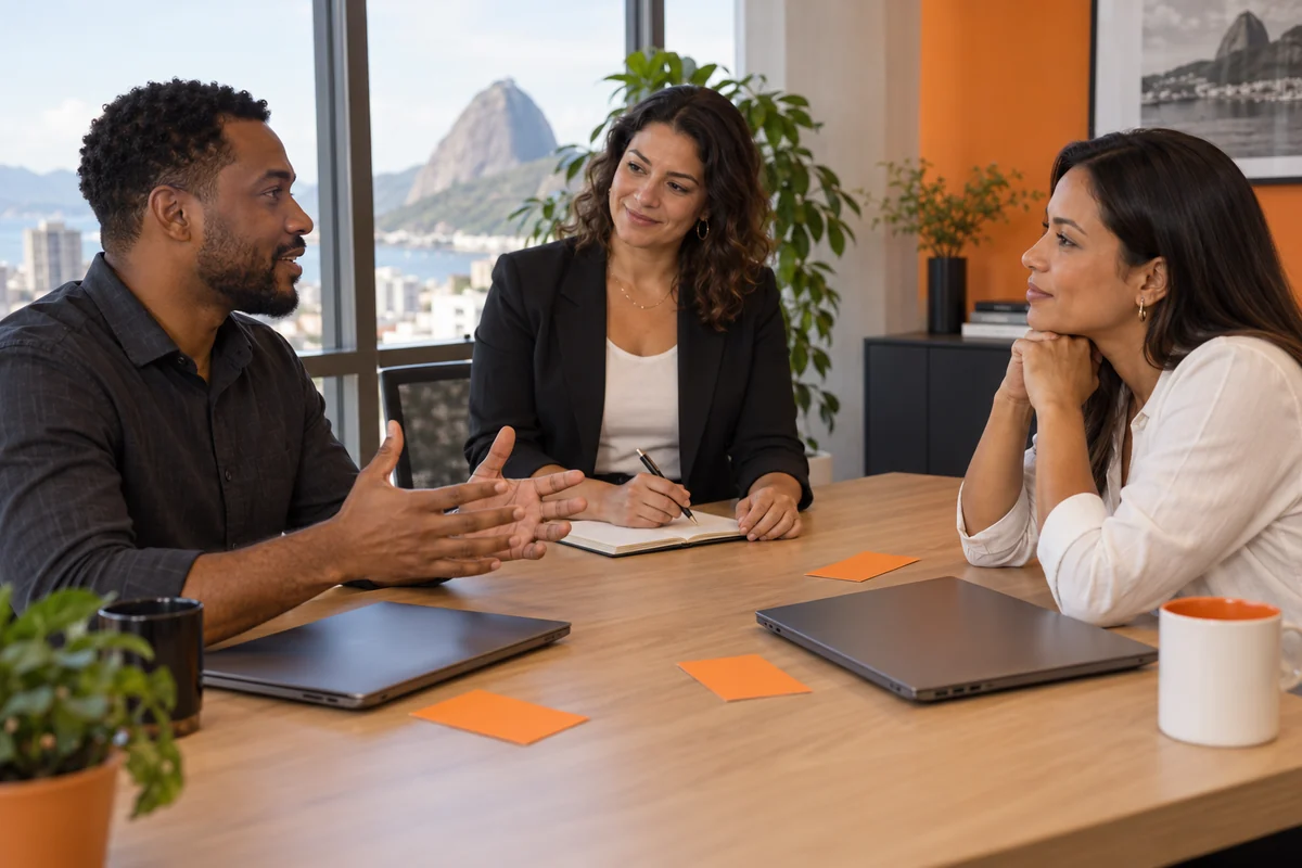 Dois profissionais praticam uma conversa com observação e anotações de uma facilitadora.