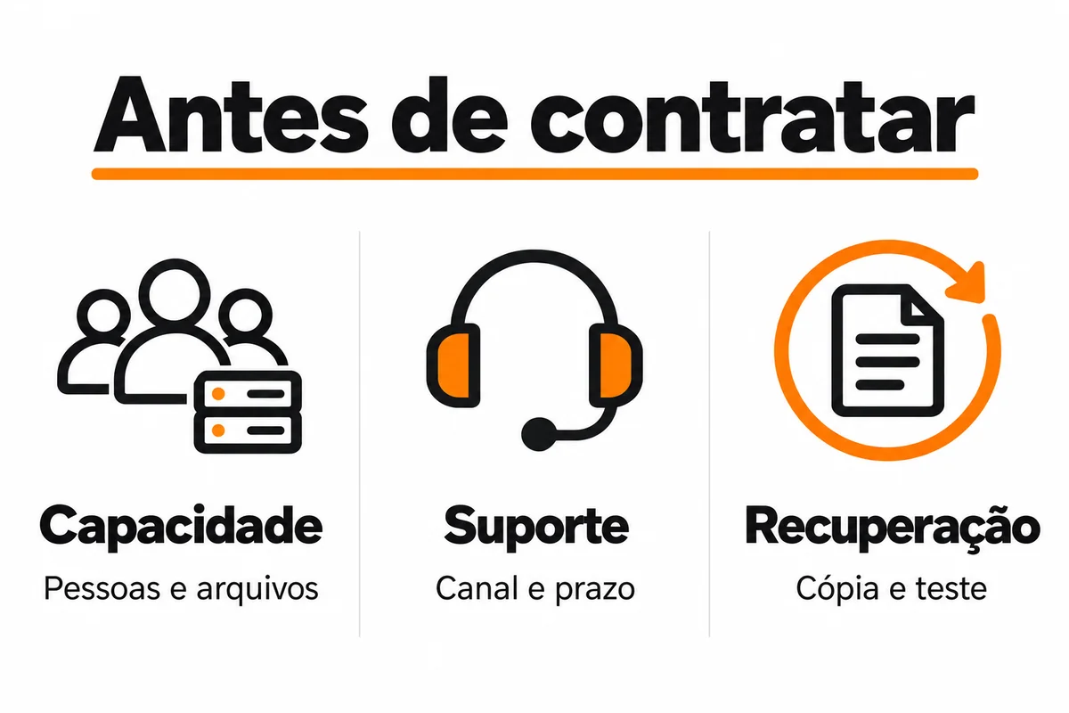 Três critérios para contratar hospedagem: capacidade, suporte e recuperação.