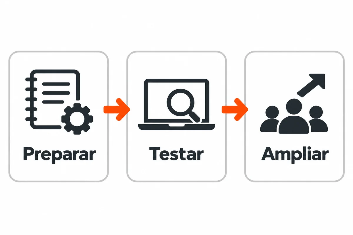 Três etapas conectadas por setas: preparar, testar e ampliar o treinamento.