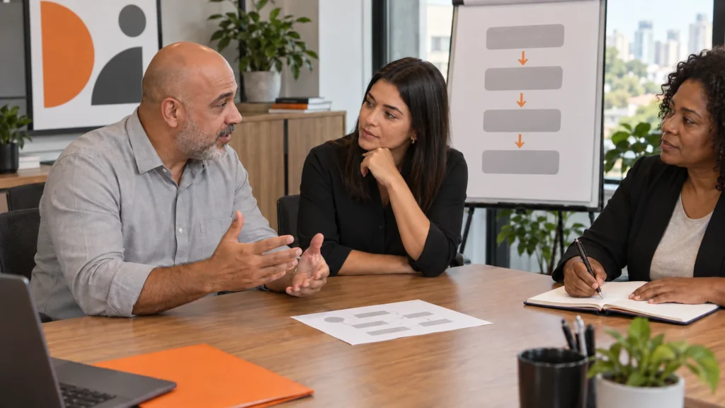 Homem pratica uma explicação para uma participante enquanto uma facilitadora registra observações em um caderno.