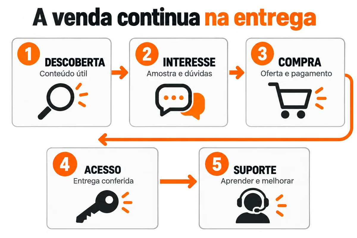 Jornada em cinco etapas: descoberta, interesse, compra, acesso e suporte, conectadas nessa ordem.